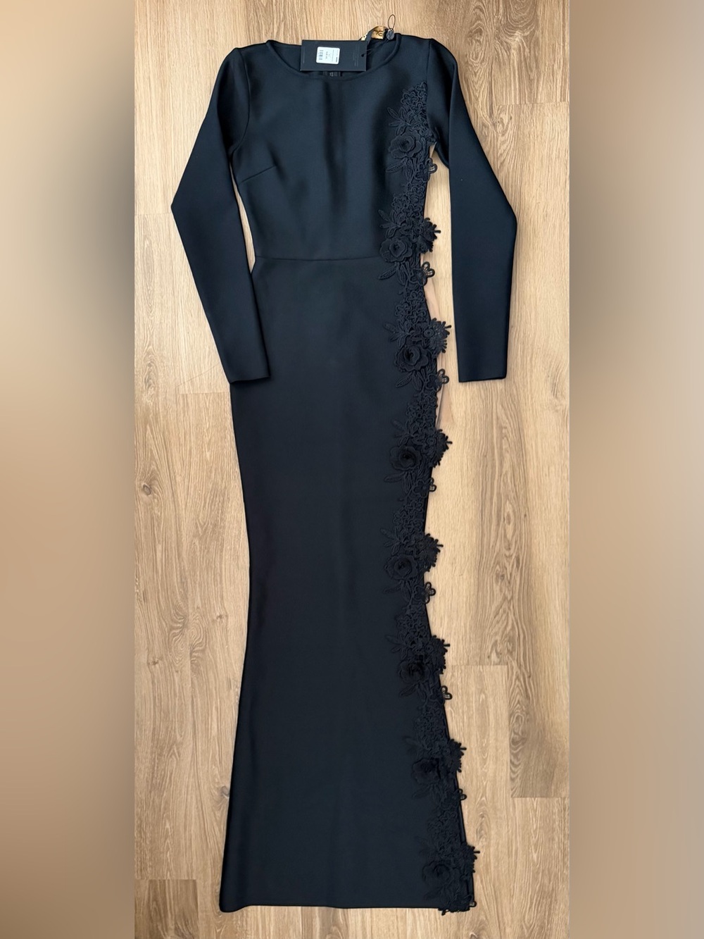 Fashion Nova Black Long Sleeve Floral-Appliqué Bandage Gown